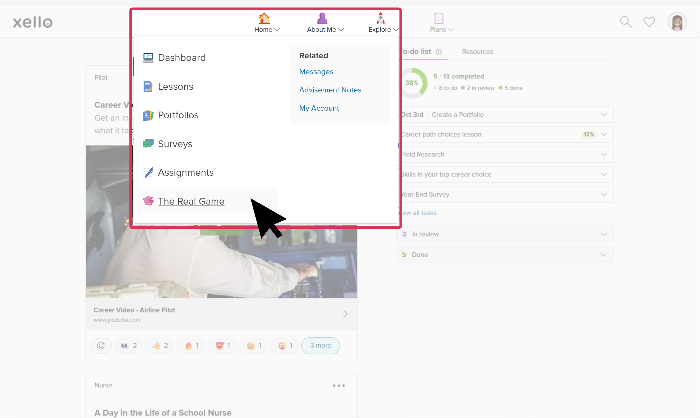 Student dashboard in Xello. The cursor has opened the Home menu and is selecting The Real Game